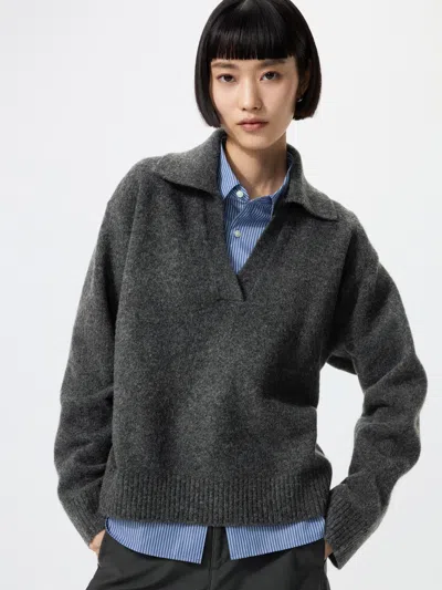 Uniqlo Women's Souffle Yarn Skipper Polo Sweater, Dark Gray, 2xs