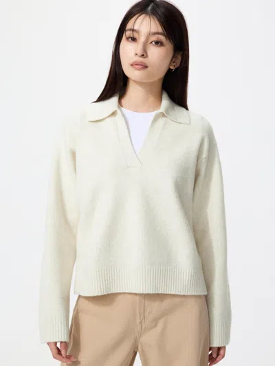 Uniqlo Women's Souffle Yarn Skipper Polo Sweater, Off White, 2xs In Neutral