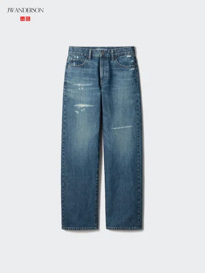Uniqlo Women's Straight Jeans Distressed, Blue, 22 Inch