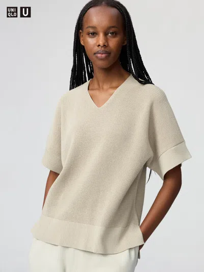 Uniqlo Women's V-neck Sweater Short Sleeve Beige Large  Us In Neutral