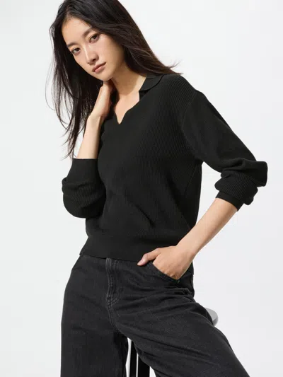 Uniqlo Women's Washable Knit Ribbed Polo Sweater Black Xl  Us