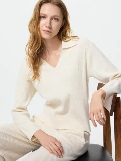 Uniqlo Women's Washable Knit Ribbed Polo Sweater Natural Xl  Us In Neutral