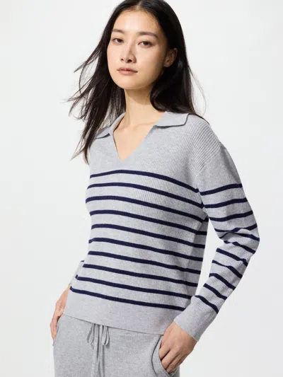 Uniqlo Women's Washable Knit Ribbed Polo Sweater Striped Gray Xl  Us