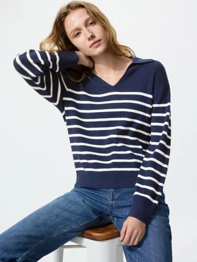 Uniqlo Women's Washable Knit Ribbed Polo Sweater Striped Navy Xl  Us In Blue