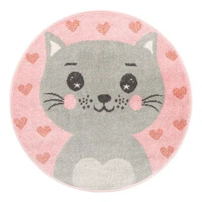 Unique Loom Whimsy Meow Baby Pink/gray Kid Rug In Gray;pink