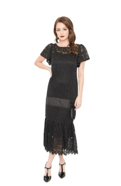 Unique Vintage 1920s Flutter Sleeve Flapper In Black Floral Lace