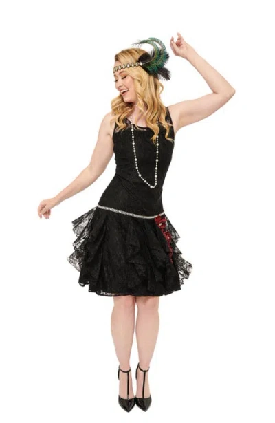Unique Vintage 1920s Lace & Floral Ruffle Flapper Dress In Black