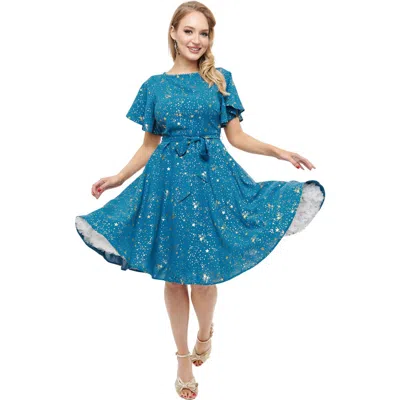 Unique Vintage 1930s Swing Dress In Teal & Gold Stars