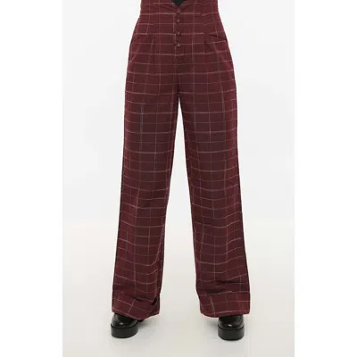 Unique Vintage 1940s Buttoned Wide Leg Trousers In Burgundy Plaid