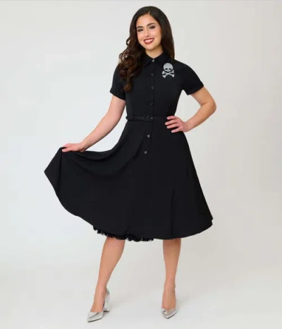 Unique Vintage 1940s Shirt Dress In Black & Rhinestone Skull