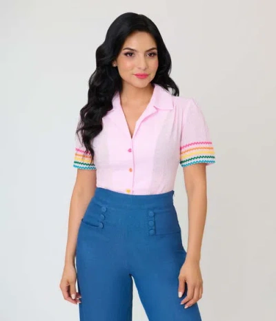 Unique Vintage 1940s Short Sleeve Collared Button Down Woven Blouse In Pink