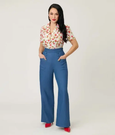 Unique Vintage 1940s Short Sleeve Collared Button Down Woven Blouse In Blue