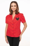 Unique Vintage 1940s Short Sleeve Collared Button Down Woven Blouse In Red White Dots