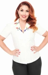 Unique Vintage 1940s Short Sleeve Collared Button Down Woven Blouse In White