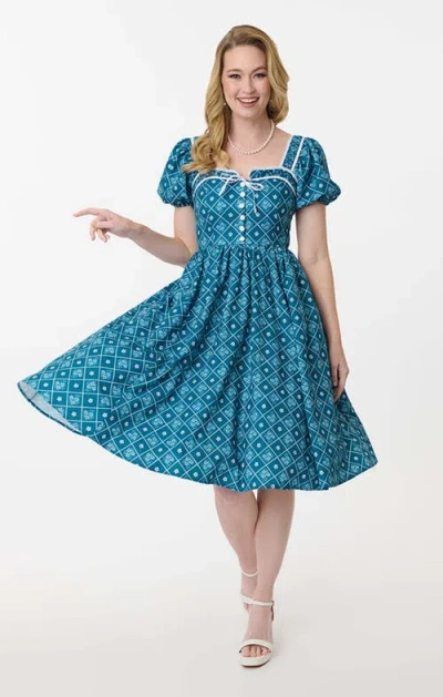 Unique Vintage 1940s Sweetheart Button Front Swing Dress In Blue
