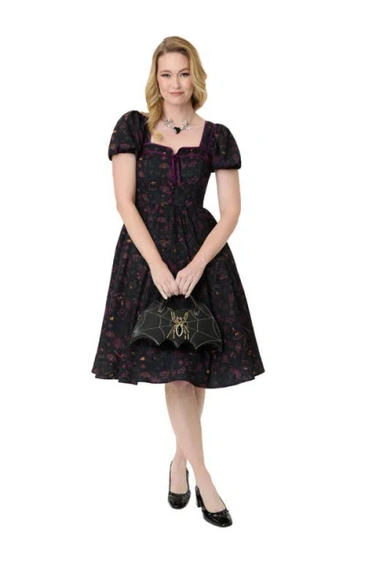 Unique Vintage 1940s Sweetheart Button Front Swing Dress In Black