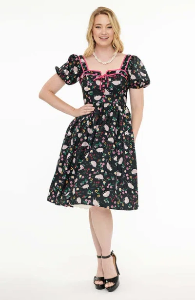 Unique Vintage 1940s Sweetheart Button Front Swing Dress In Black