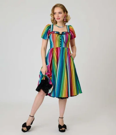 Unique Vintage 1940s Sweetheart Button Front Swing Dress In Multi