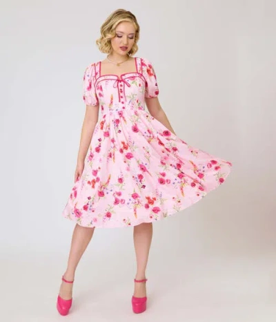Unique Vintage 1940s Sweetheart Button Front Swing Dress In Pink