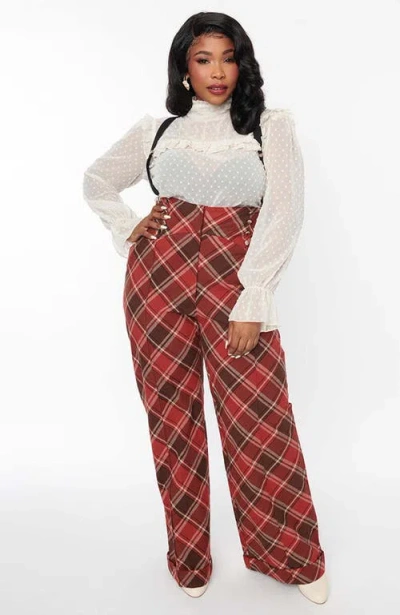 Unique Vintage 1940s Wide Leg Suspender Pants In Red & Brown Plaid