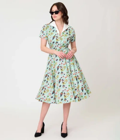 Unique Vintage 1950s Collared Shirt Dress In Green