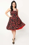 Unique Vintage 1950s Cotton Pinafore Swing Dress In Black Cherry Print