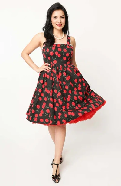 Unique Vintage 1950s Cotton Pinafore Swing Dress In Black Cherry Print
