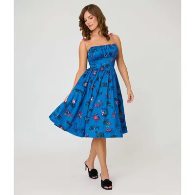 Unique Vintage 1950s Cotton Swing Dress In Blue