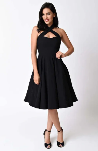 Unique Vintage 1950s Criss Cross Halter Rita Flare Dress In Black