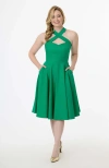 Unique Vintage 1950s Criss Cross Halter Rita Flare Dress In Green