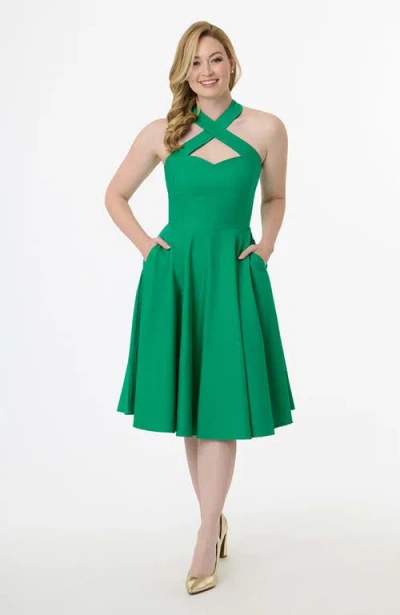 Unique Vintage 1950s Criss Cross Halter Rita Flare Dress In Green