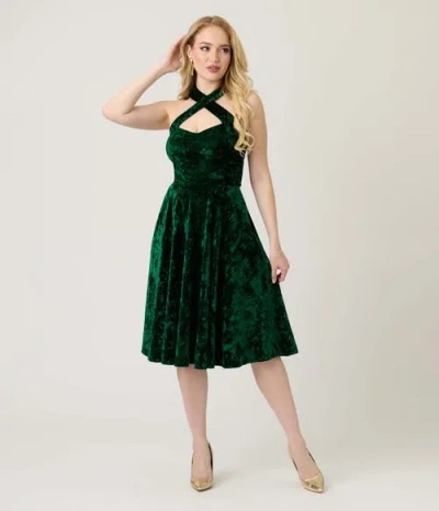 Unique Vintage 1950s Criss Cross Halter Rita Flare Dress In Green