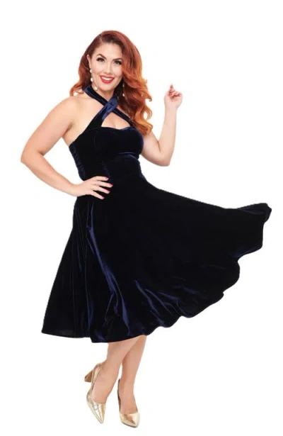 Unique Vintage 1950s Criss Cross Halter Rita Flare Dress In Navy