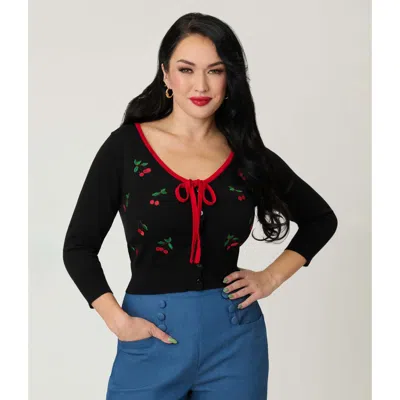 Unique Vintage 1950s Crop Knit Cardigan In Black