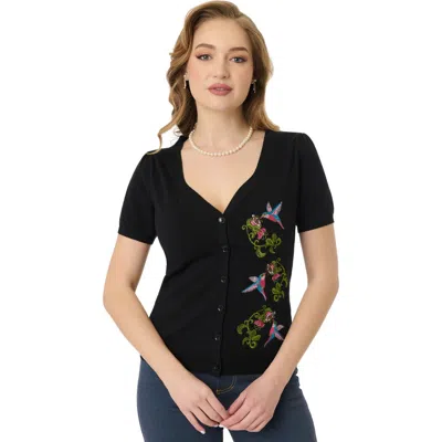 Unique Vintage 1950s Embroidered Cardigan In Black Hummingbird
