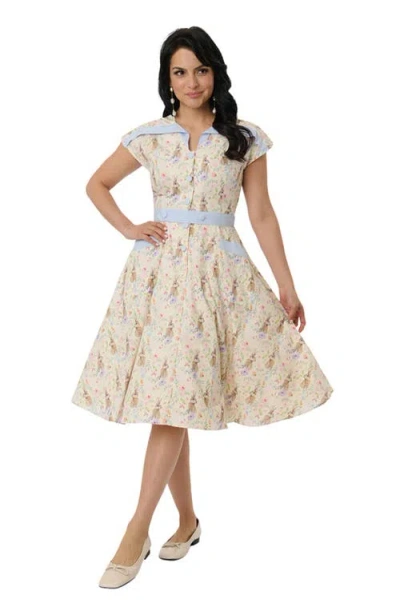 Unique Vintage 1950s Hedda Swing Dress In Cream Bunny Print