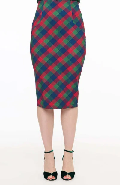 Unique Vintage 1950s High Waist Tracy Wiggle Skirt In Green/red Plaid