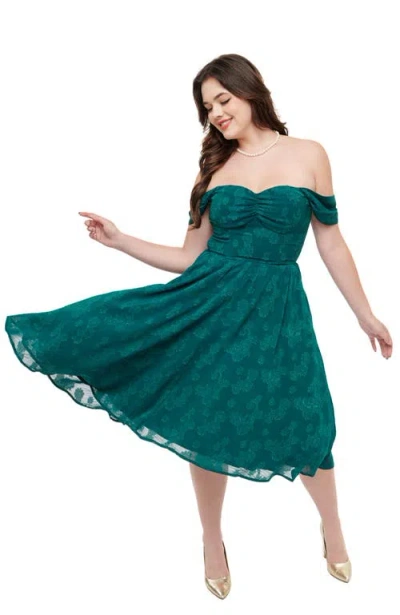 Unique Vintage 1950s Off Shoulder Flare Dress In Teal