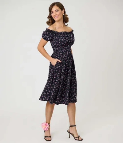 Unique Vintage 1950s Off The Shoulder Ruffle Swing Dress In Blue