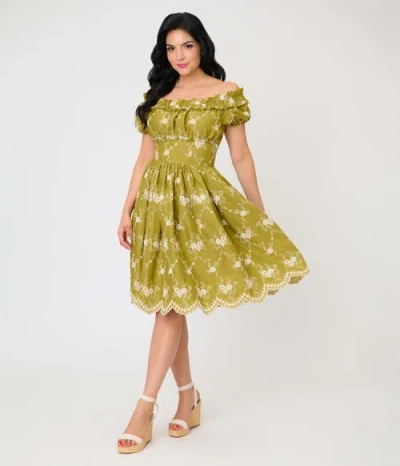 Unique Vintage 1950s Off The Shoulder Ruffle Swing Dress In Green