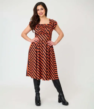 Unique Vintage 1950s Off The Shoulder Ruffle Swing Dress In Orange