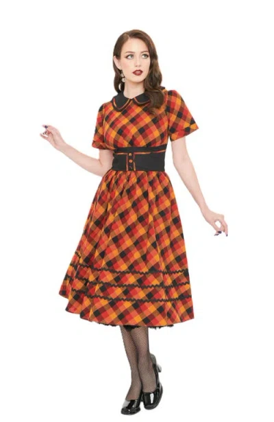 Unique Vintage 1950s Peter Pan Collar Swing Dress In Orange Red Plaid