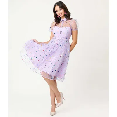 Unique Vintage 1950s Short Sleeve Collared Hollie Swing Dress In Purple