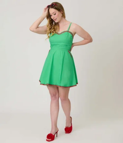Unique Vintage 1950s Sleeveless Cotton Flare Dress In Green
