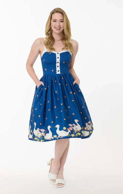 Unique Vintage 1950s Sleeveless Swing Dress In Blue