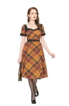 Unique Vintage 1950s Sweetheart Neckline Swing Dress In Mustard & Red Plaid
