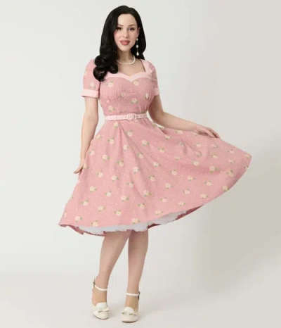 Unique Vintage 1950s Sweetheart Neckline Swing Dress In Pink