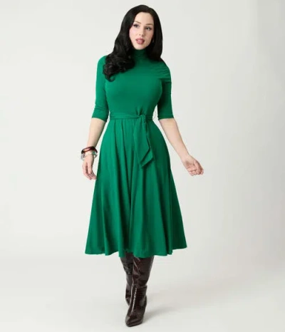 Unique Vintage 1950s Turtleneck Midi Dress In Green