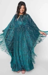 Unique Vintage 1960s Fringe Flutter Sleeve Caftan In Emerald Floral