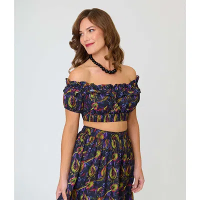 Unique Vintage 1970s Off Ruffle Up Crop Top In Multi